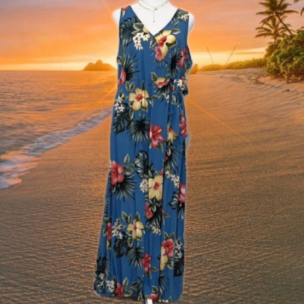 ⚜️🌸⚜️Puanani Made in Hawaii teal floral pullover faux wrap maxi dress XL